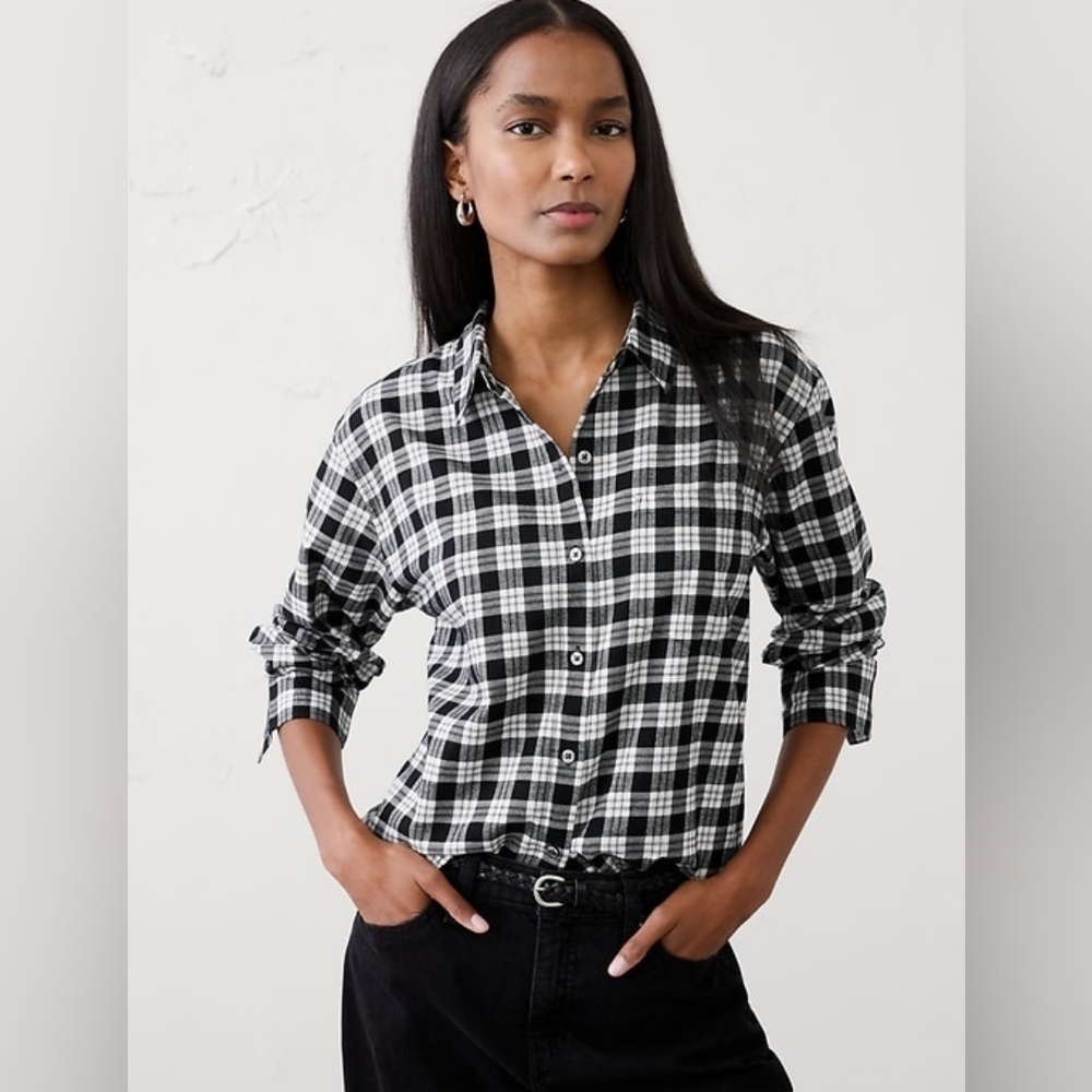 NWT Banana Republic Black White Plaid Flannel Shirt Women's Medium Button Front